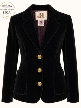 Vintage JH Black Velvet Blazer ILGWU USA Gold Crest Buttons Size 8/9